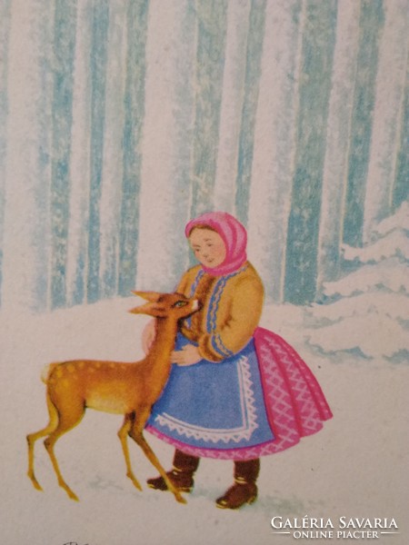 Vintage grafikus karácsonyi művészlap/képeslap/üdvözlőlap, erdő, őzike, kislány népviseletben