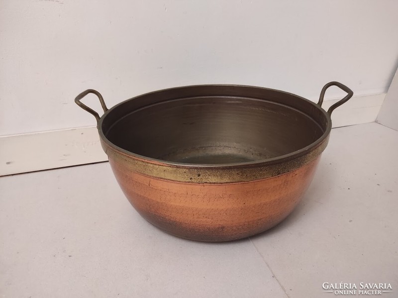 Antique patina kitchen tool large heavy red copper cauldron with brass handle 921 6044