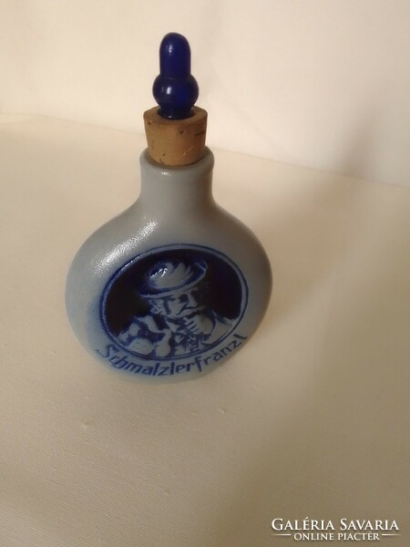 Blue-grey glazed Bavarian ceramic stoneware German snuff flask, schmalzlerfranzl, marked, tobacco