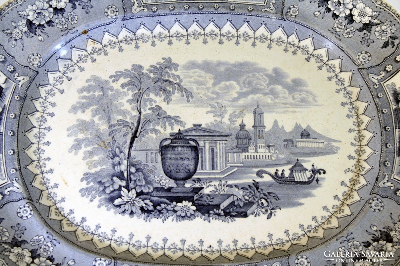 1830. Staffordshire Canova Mintás 34x28cm Ovális Tál Kék Fehér Angol Fajansz Thomas Mayer