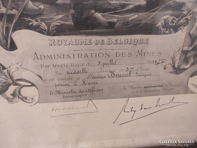 Antik bányász vájár miniszteri oklevél 1934 keretben üveg alatt bányászat 916 6039