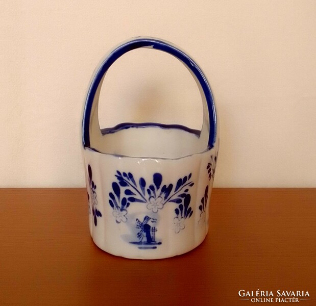 Blue and white old Dutch glazed mini porcelain basket with handles, flower pattern windmill, flawless