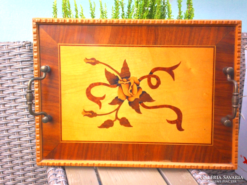 Rose inlaid wood tray with copper handle is older