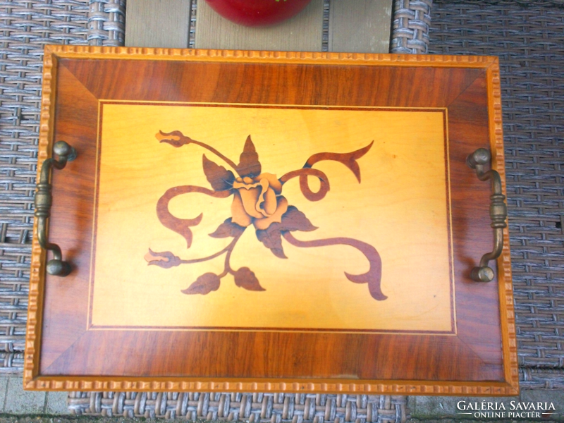 Rose inlaid wood tray with copper handle is older