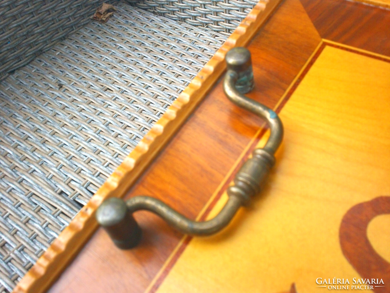 Rose inlaid wood tray with copper handle is older