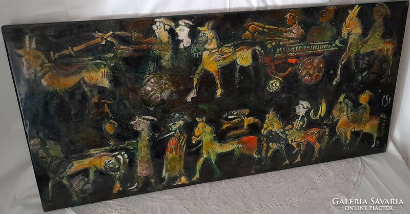 Ancient scene - marked fire enamel image - cs. Uhrin Tibor? - 97 cm x 45 cm