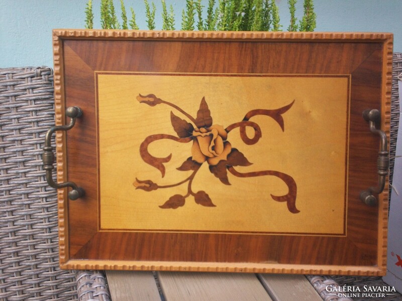 Rose inlaid wood tray with copper handle is older
