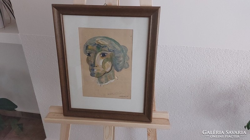 (K) female head painting 36x44 cm with frame