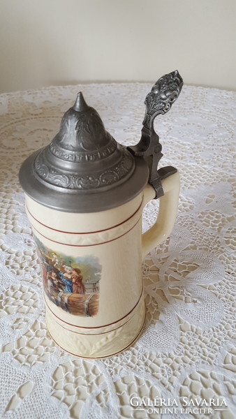 Scenic faience beer mug with tin lid