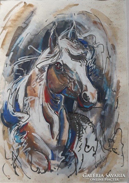 Színes ló- akvarell ismeretlen jelzéssel 1991- ből