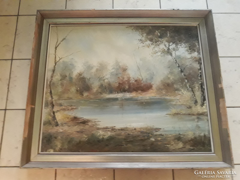 István Hunyady: autumn waterside landscape, original marked, old oil canvas