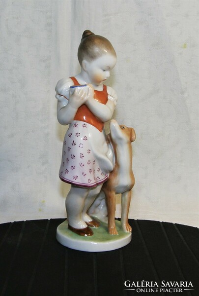 Kislány kutyával - Herendi porcelán figura - 22 cm