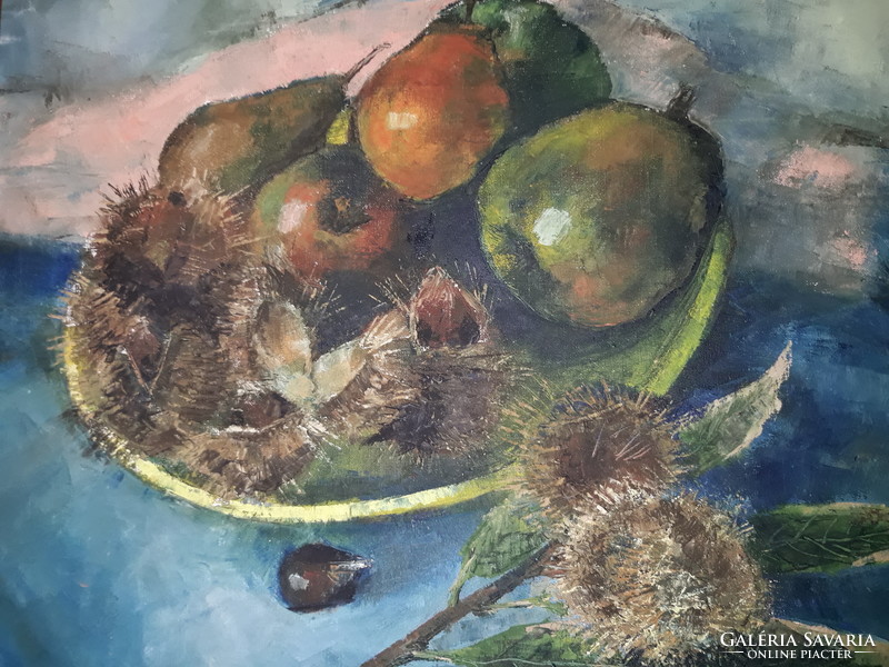 Autumn still life with chestnuts and pears - unknown old oil on canvas on wood