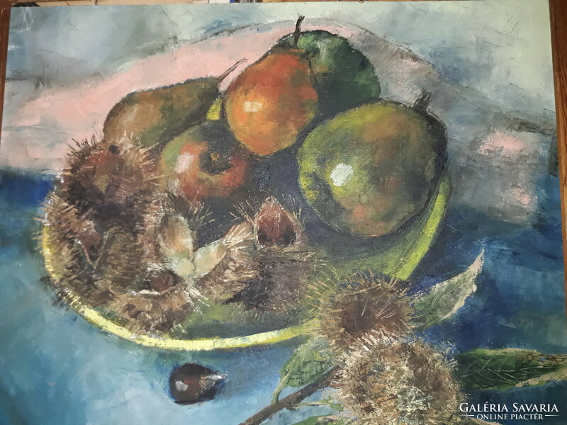 Autumn still life with chestnuts and pears - unknown old oil on canvas on wood