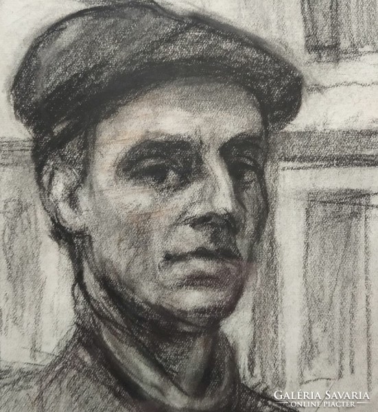 Self-portrait of Russian Gellért - original charcoal drawing from 1946 -