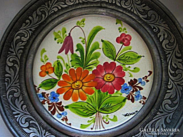 Hand painted, signed porcelain, peltro tin, marked, hanging frame