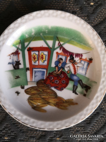 Zsolnay porcelain water bottle and bowl - picture of village life