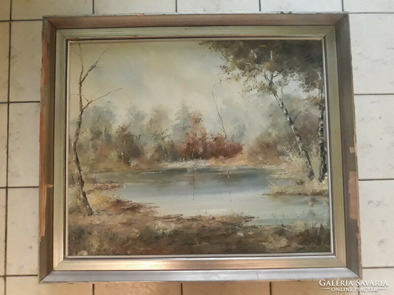 István Hunyady: autumn waterside landscape, original marked, old oil canvas