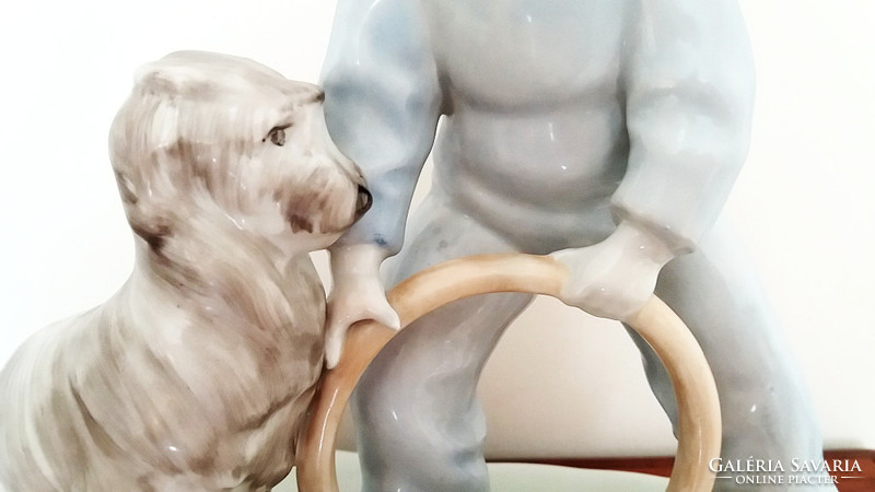 Old zsolnay porcelain hammer sculpture with hoop boy dog