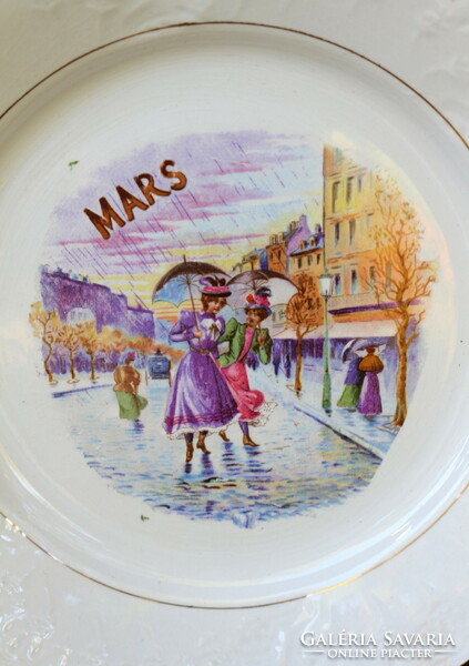 Francia porcelánfajansz tányér, "Március" felirattal, jelenettel