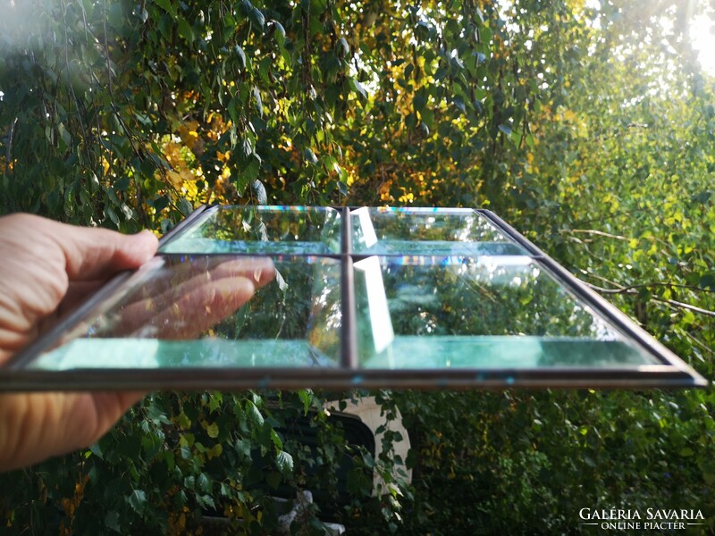 Antik Szecessziós csiszolt ólom üveg tiffany jellegű réz keret, ablak dekoráció,