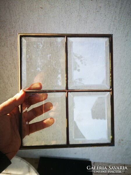 Antik Szecessziós csiszolt ólom üveg tiffany jellegű réz keret, ablak dekoráció,