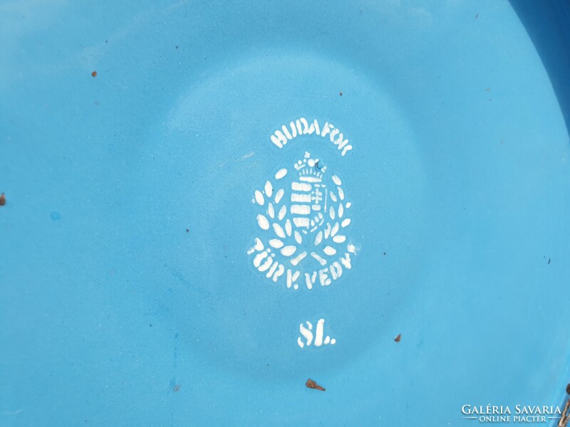 Zománcos régi vintage Koronás címeres kék vas zománcozott fedeles bödön zsírosbödön Budafok