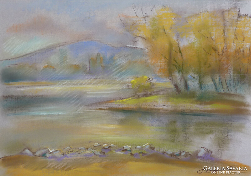 István Szappanos: autumn on the Danube (pastel cardboard, 46x54 cm, framed)