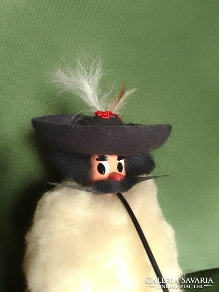 Old vintage retro Hortobágy pipe shepherd figurine, doll, wool suba, feather hat, rare, collectible