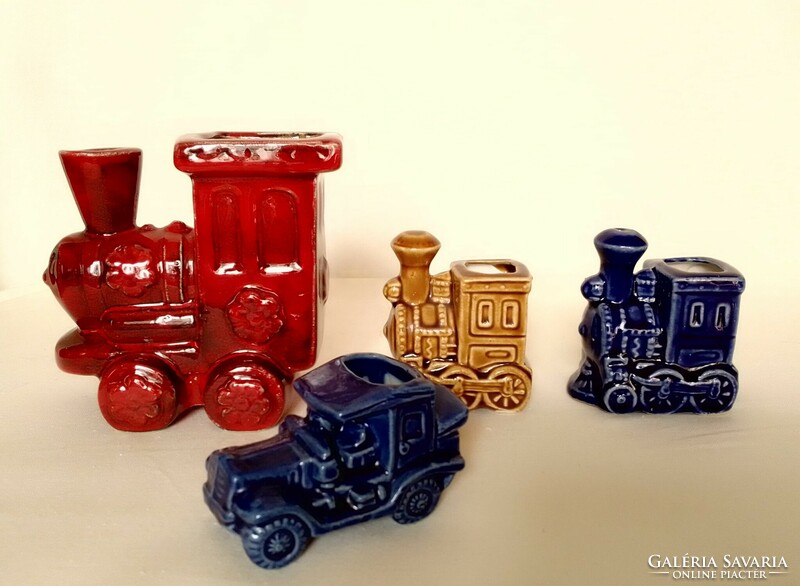 Régi retro mázas porcelán játék vonat gőzmozdony autó oldsmobil, vidám élénk színes