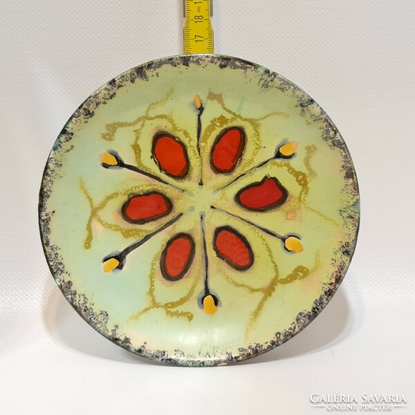 Bodrogkeresztúr colorful flower pattern, pale green glazed ceramic wall plate (2380)