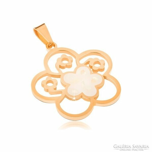 Medical steel pendant with chain, shiny surface, gold color, flower shape.