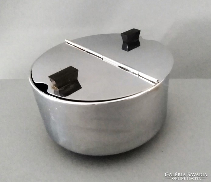 Bauhaus metal lid design coffee/sugar holder on vinyl legs and ears, 1960