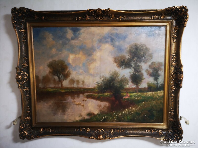 Huge 100x75.5 cm. Ferenc Olgyay is a rare figurative painting in a blonde frame.