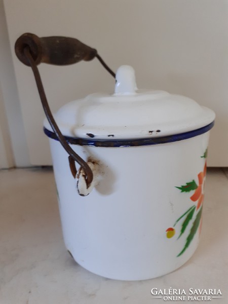 Old enamel lid food bowl with floral enameled food dish