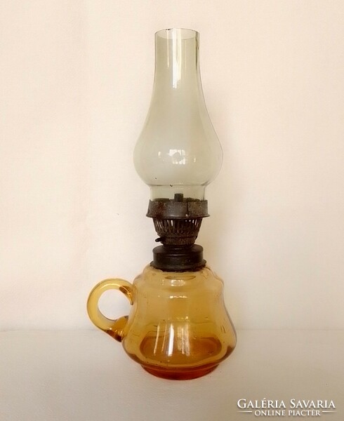 Antique old small vigil kerosene lamp amber yellow molded glass body with lugs circa 1870