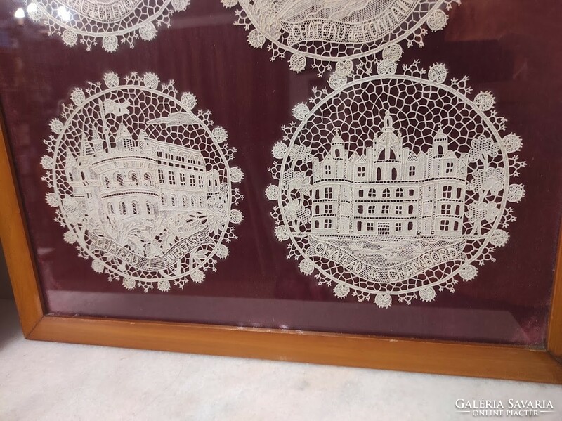 Antique Brussels lace 12 French castles in a handwork frame 569 6004