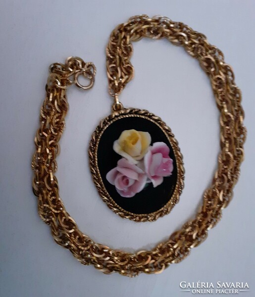 Retro thick ornate gilded necklace with a large pendant adorned with a porcelain rose