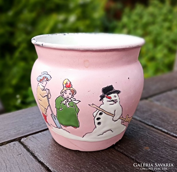 Antique French pink hand painted enamel mug