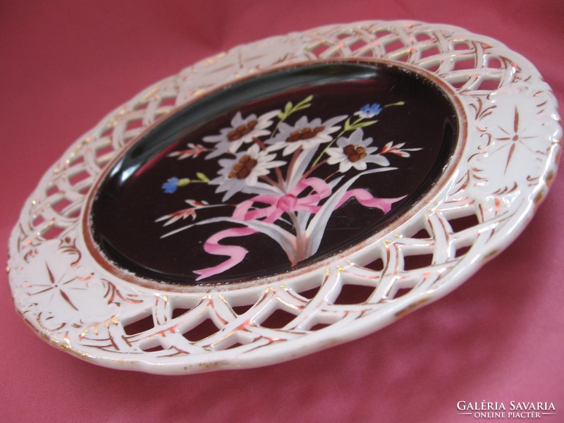 Openwork antique small plate with a hand-painted bouquet of mountain grass