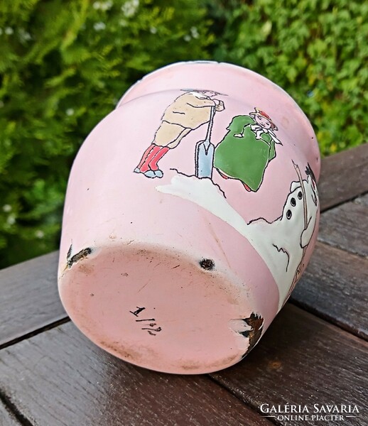 Antique French pink hand painted enamel mug