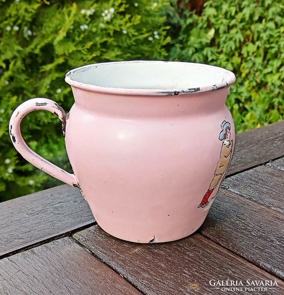 Antique French pink hand painted enamel mug