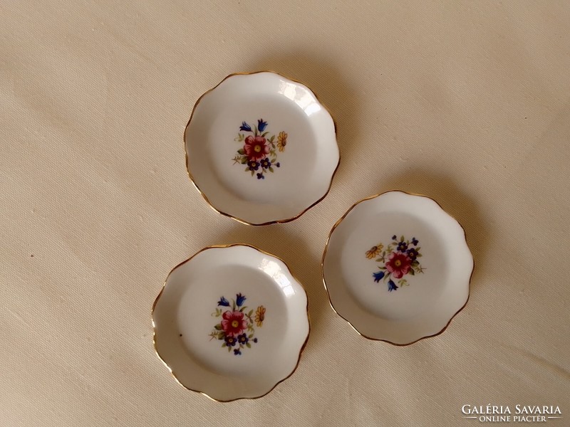 Three old aquincum porcelain mini bowls plates floral pattern marked and numbered, doll's plate doll's house
