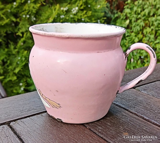 Antique French pink hand painted enamel mug