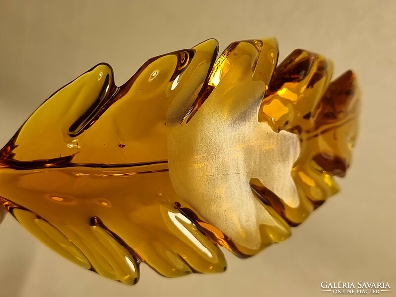 Amber-colored glass leaf-shaped decorative bowl, unmarked / frequently found home decoration.
