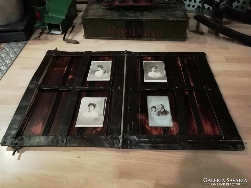 Loft or vintage style picture frame, photo frame made of wrought iron window and old patina wood