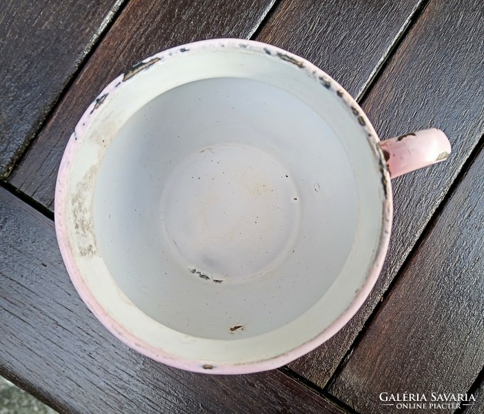 Antique French pink hand painted enamel mug