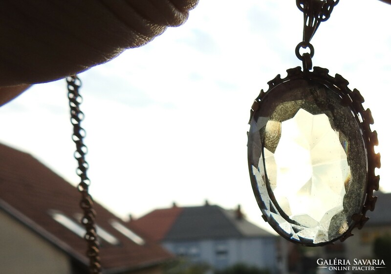 Antique huge clear stone copper pendant - antique necklace