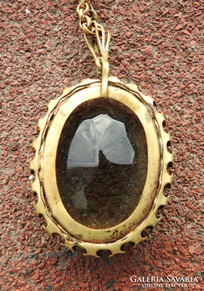 Antique huge clear stone copper pendant - antique necklace
