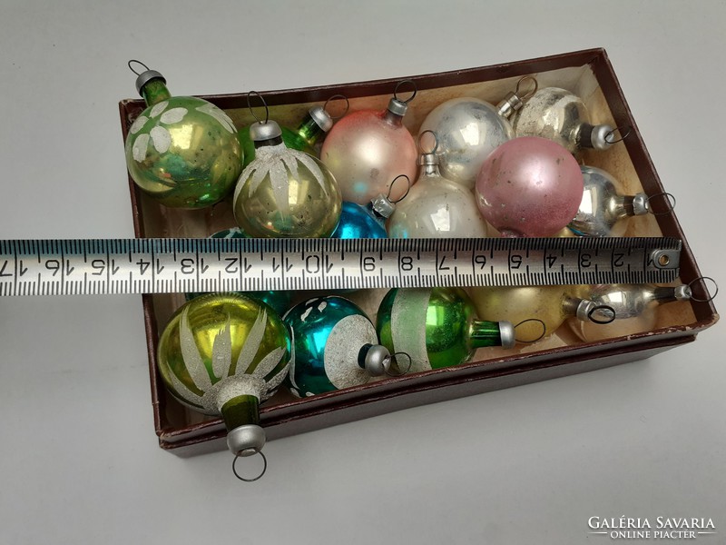 Régi üveg karácsonyfadísz mini gömb 16 db